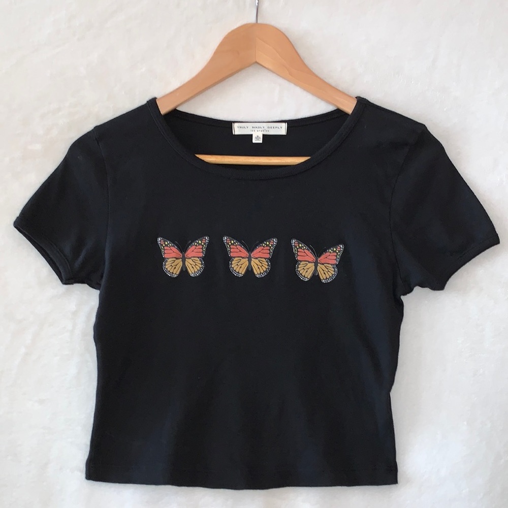 Urban Outfitters✨Truly Madly Deeply Monarch Butterfly Black Crop Top Size S